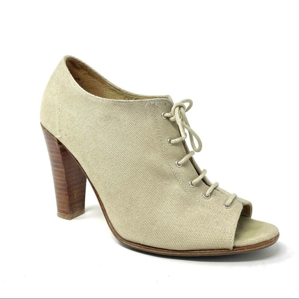 * Opening Ceremony Y2K Tan Canvas Lace Up Peep Toe Heels Size 7